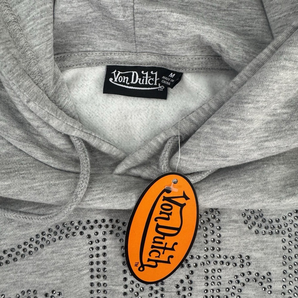 Von Dutch Rhinestone Logo Cropped Hoodie Gray Y2K Women M NWT - Picture 2 of 6
